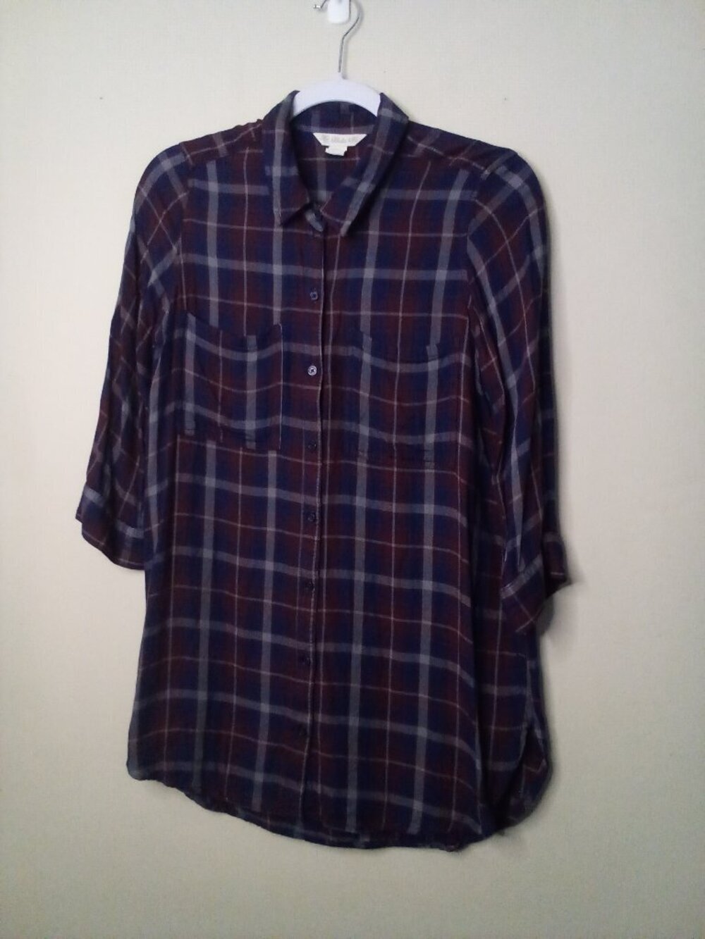 Khakis & Co Women S Button Up 3/4 Sleeve Pockets Plaid Red Blue